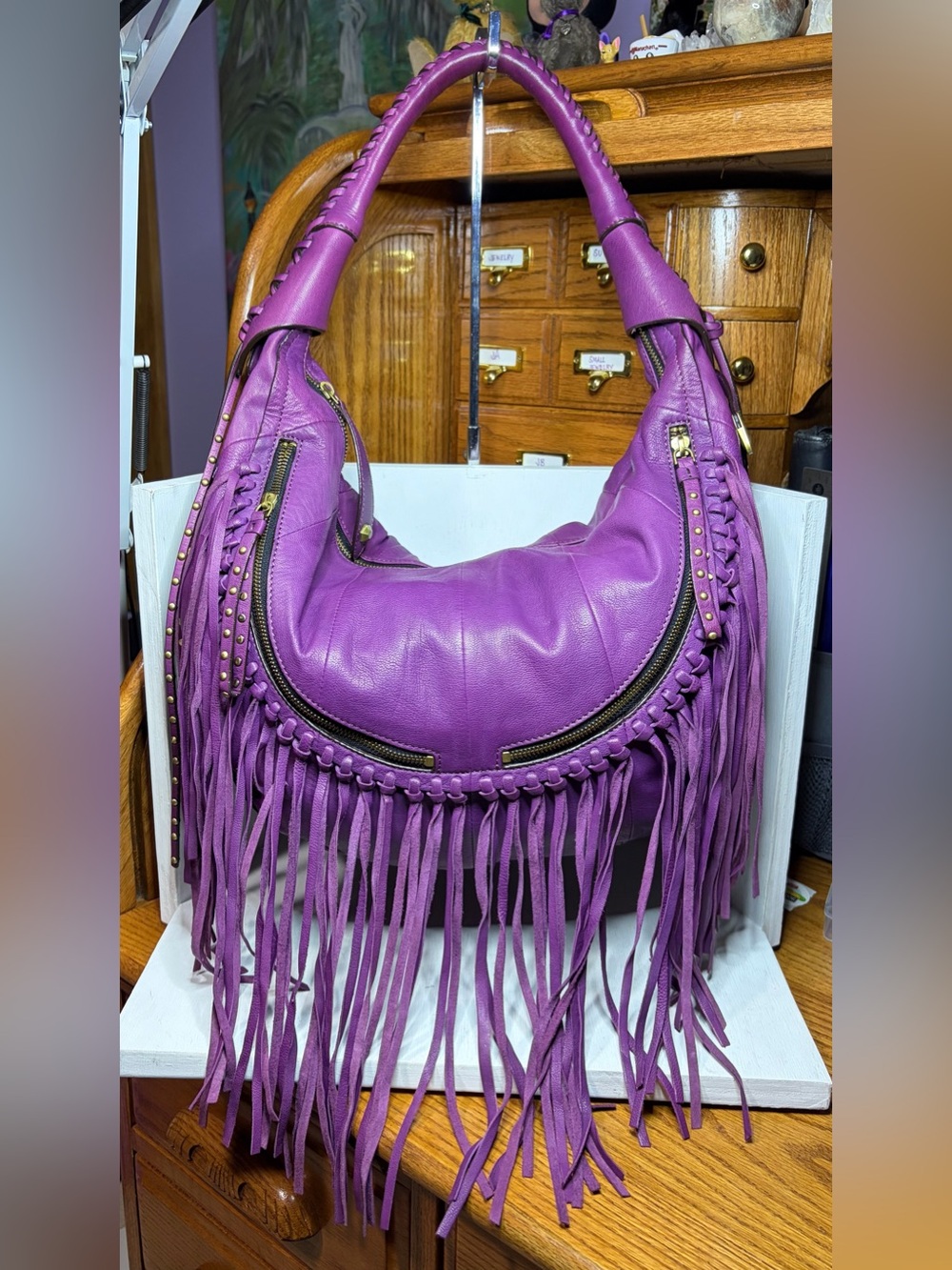 orYANY Angie Lamb Leather Fringe Hobo - Purple